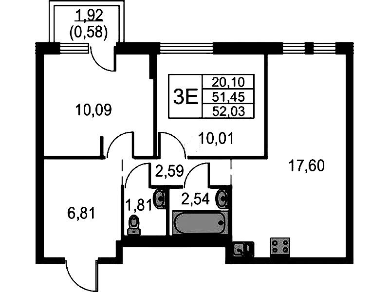 2-комнатная квартира 52.03 м², 3/15 эт., ЖК «Невская Долина»